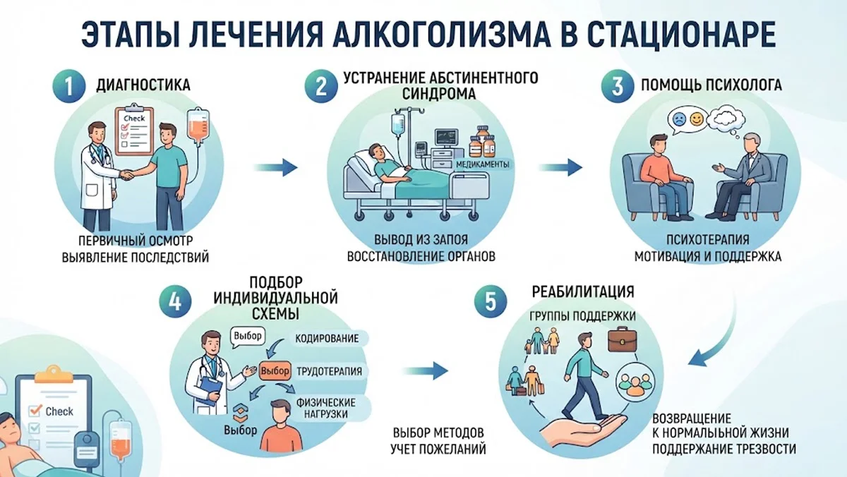 Инфографика «Этапы лечения алкоголизма в стационаре», включающая 5 основных шагов: диагностику, устранение абстинентного синдрома, помощь психолога, подбор индивидуальной схемы лечения и реабилитацию.